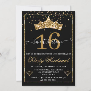 Invitation Gold Diamond Confetti Tiara Sweet 16