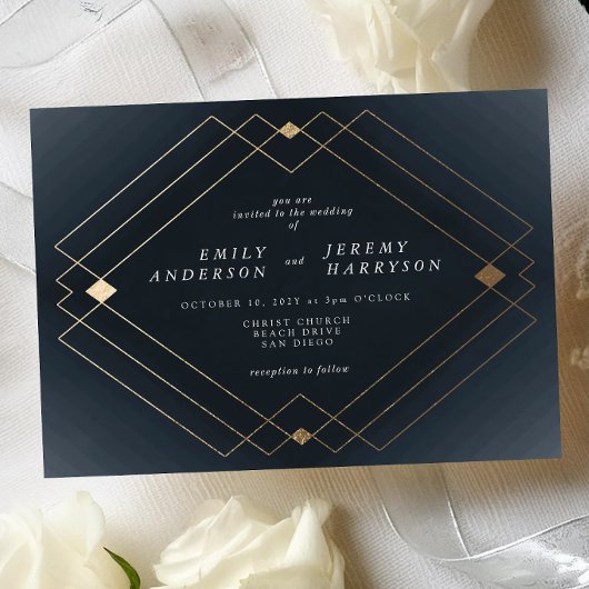 Invitation Gold Diamond Marine Géométrique Déco Mariage Gatsb