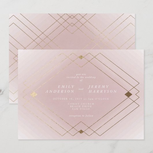 Invitation Gold Diamond rose Géométrique Mariage Gatsby (Devant / Derrière)