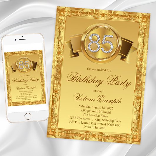 Invitation Gold Diamond Swirl Womans 85e anniversaire