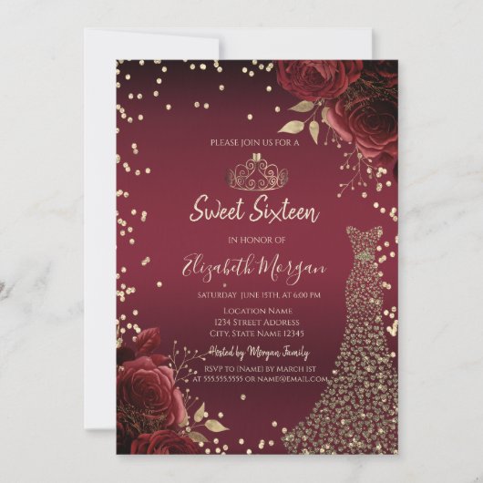 Invitation Gold Diamonds Dress Dark Red Roses Sweet 16 (Devant)