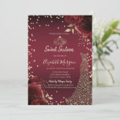 Invitation Gold Diamonds Dress Dark Red Roses Sweet 16 (Debout devant)