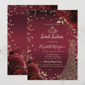 Invitation Gold Diamonds Dress Dark Red Roses Sweet 16 (Devant / Derrière)