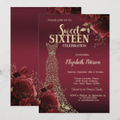Invitation Gold Diamonds Dress Red Roses Sweet 16  (Devant / Derrière)