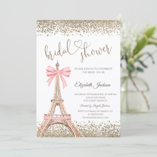 Invitation Gold Diamonds Eiffel Tower Bow Bridal Shower (Debout devant)