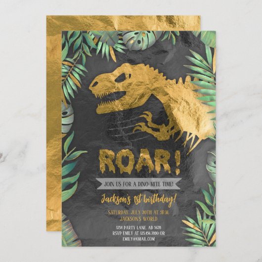 Invitation Gold Dinosaur Roar anniversaire (Devant / Derrière)