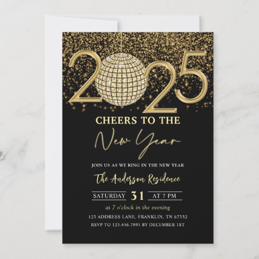 Invitation Gold Disco Ball Cheers New Years Eve Party 2025 (Devant)