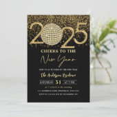 Invitation Gold Disco Ball Cheers New Years Eve Party 2025 (Debout devant)