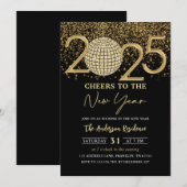 Invitation Gold Disco Ball Cheers New Years Eve Party 2025 (Devant / Derrière)