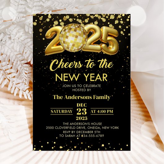 Invitation Gold Disco Ball Cheers New Years Eve Party 2025