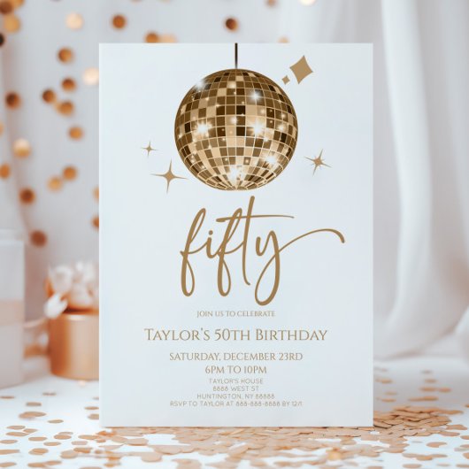 Invitation Gold Disco Ball Cinquante fête d'anniversaire