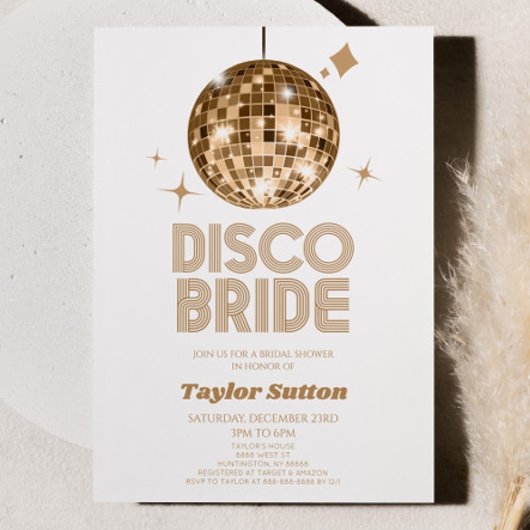 Invitation Gold Disco Ball Disco Bride Fête des mariées