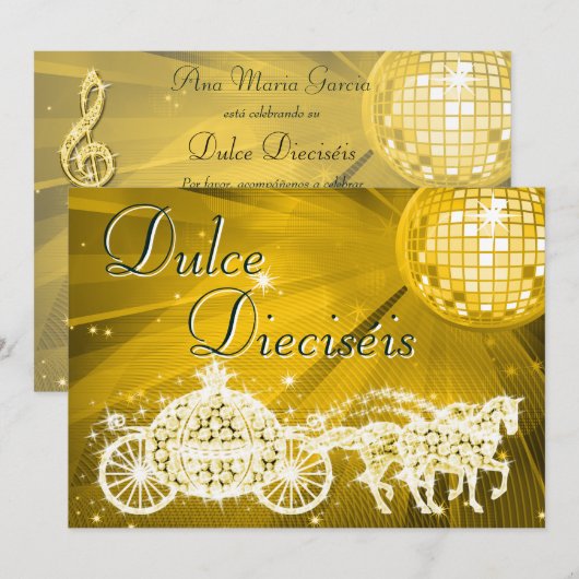 Invitation Gold Disco Ball, Princess Coach & Horses Sweet 16 (Devant / Derrière)