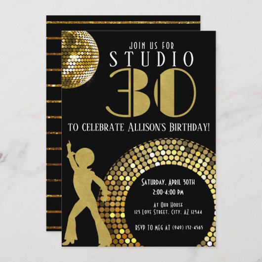 Invitation Gold Disco Ball Studio 54 Party 30e anniversaire (Devant / Derrière)
