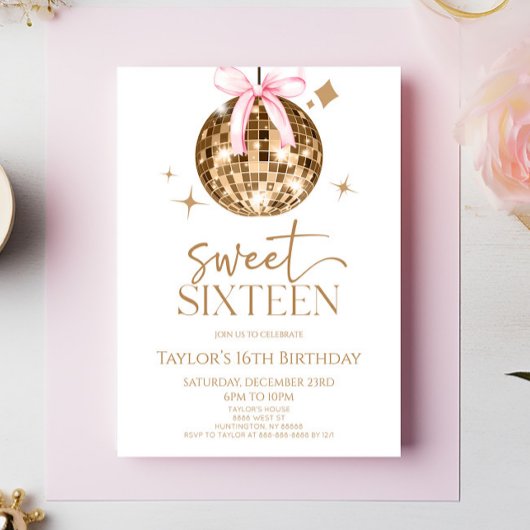 Invitation Gold Disco Bow Sweet sixteen 16ème anniversaire