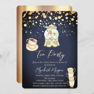 Invitation Gold Dots Tea Party Baby shower bleu marine