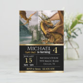 Invitation Gold Dragon Château médiéval Imaginaire Anniversai (Debout devant)