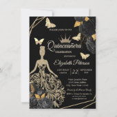 Invitation Gold Dress,Butterfly Black Roses Quinceañera (Devant)