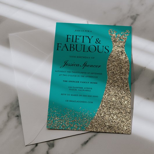 Invitation Gold Dress Elegance 50 & Fabulous! 50th Birthday