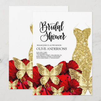 Invitation Gold Dress Red Rose Floral Bridal Shower