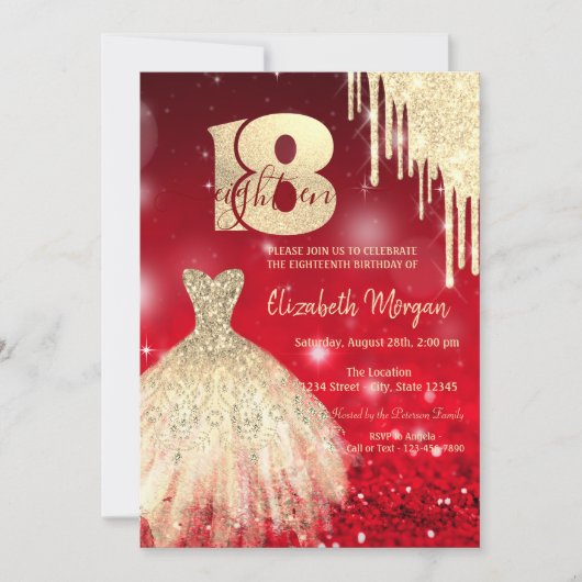 Invitation Gold Drips robe Red Bokeh 18e anniversaire (Devant)