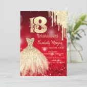 Invitation Gold Drips robe Red Bokeh 18e anniversaire (Debout devant)