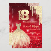Invitation Gold Drips robe Red Bokeh 18e anniversaire (Devant / Derrière)