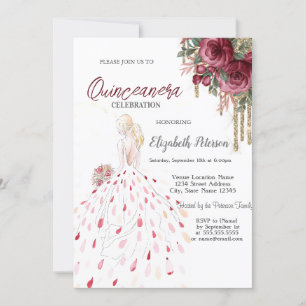 Invitation Gold Drips,Robes,Roses aquarelles Quinceanera 