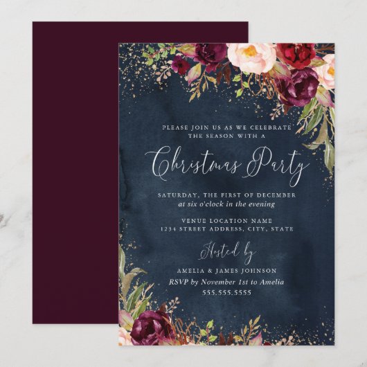 Invitation Gold Dust Burgundy Navy Floral Noël (Devant / Derrière)