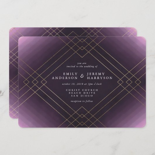 Invitation Gold Elegance Purple Diamond Gatsby Mariage (Devant / Derrière)