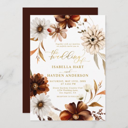 Invitation Gold Elegant Chute Boho Terracotta Mariage Brown (Devant / Derrière)