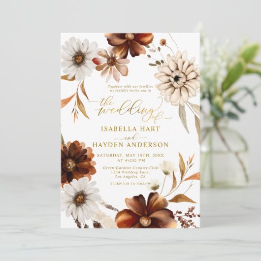 Invitation Gold Elegant Chute Boho Terracotta Mariage neutre (Debout devant)