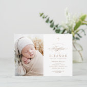 Invitation Gold Elegant Cross Calligraphy Photo Baptême (Debout devant)