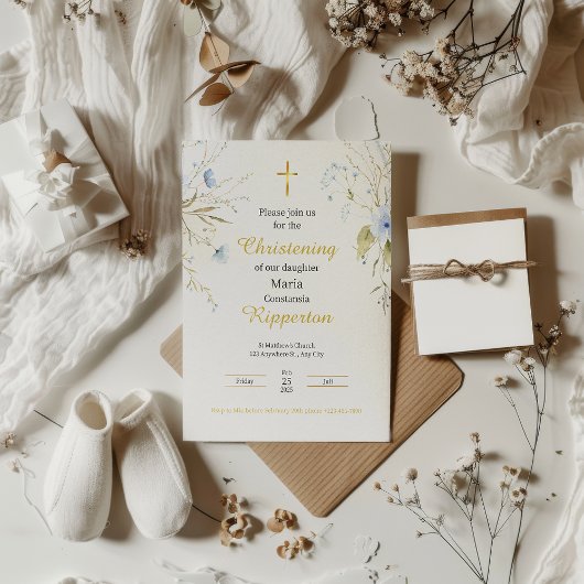 Invitation Gold Elegant Floral Gold Cross Baptism