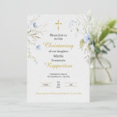 Invitation Gold Elegant Floral Gold Cross Baptism (Debout devant)