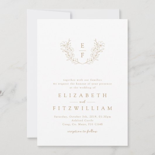 Invitation Gold Elegant Simple Cerise Blossom Monogramme Wrea (Devant)