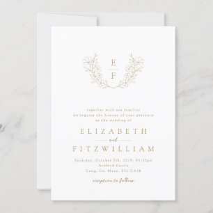 Invitation Gold Elegant Simple Cerise Blossom Monogramme Wrea