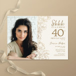 Invitation Gold Elegant Surprise Photo 40e anniversaire<br><div class="desc">La crème d'or florale surprise 40e anniversaire invitation fête avec votre photo sur le devant de la carte. Design moderne élégant avec accents de dessin botanique et police de script de typographie. Carte invitation simple et tendance, parfaite pour une célébration anniversaire élégante. Peut être customisé à n'importe quel âge. Invitations...</div>
