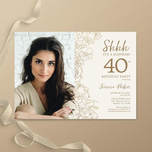 Invitation Gold Elegant Surprise Photo 40e anniversaire