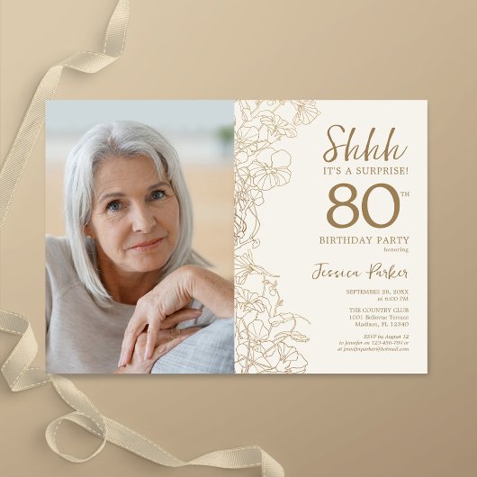 Invitation Gold Elegant Surprise Photo 80e anniversaire