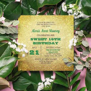 Invitation Gold & Emerald Green Sparkly Sweet 16