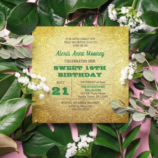 Invitation Gold & Emerald Green Sparkly Sweet 16