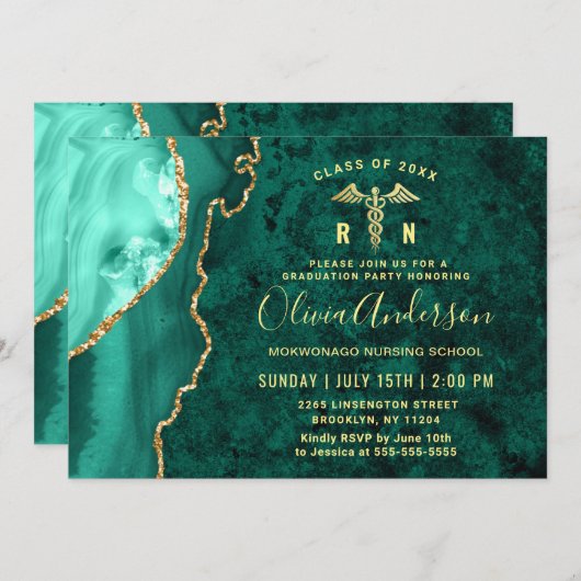 Invitation Gold Emerald RN Nursing School Graduation Party (Devant / Derrière)