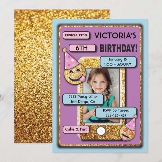 Invitation Gold Emoji Anniversaire de la fête Cellule Télépho (Devant / Derrière)