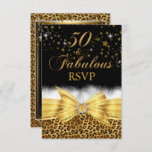 Invitation Gold Empreinte de léopard & Bow 50 & Fabuleux RSVP (Devant / Derrière)