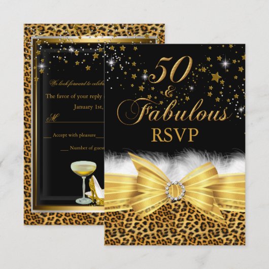 Invitation Gold Empreinte de léopard & Bow 50 & Fabuleux RSVP (Devant / Derrière)