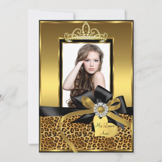 Invitation Gold Empreinte de léopard Bow Photo Quinceanera In (Devant)