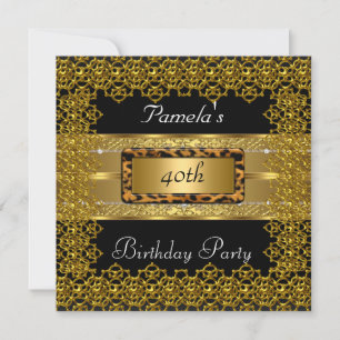 Invitation Gold et Black avec cadre léopard fête d'anniversai