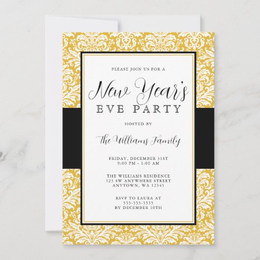 Invitation Gold et Black Damask New Years Eve Party (Devant)
