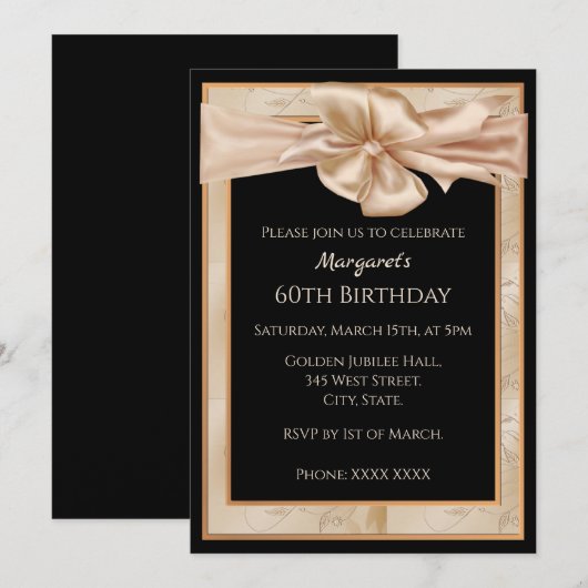 Invitation Gold et Black Elegant 60e anniversaire pour femmes (Devant / Derrière)